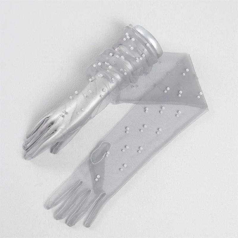 55 cm Transparent Wedding Gloves Pearls Long Elbow Mittens Mesh Arm Covers Women Party Bridal Dress Accessories Photo Props