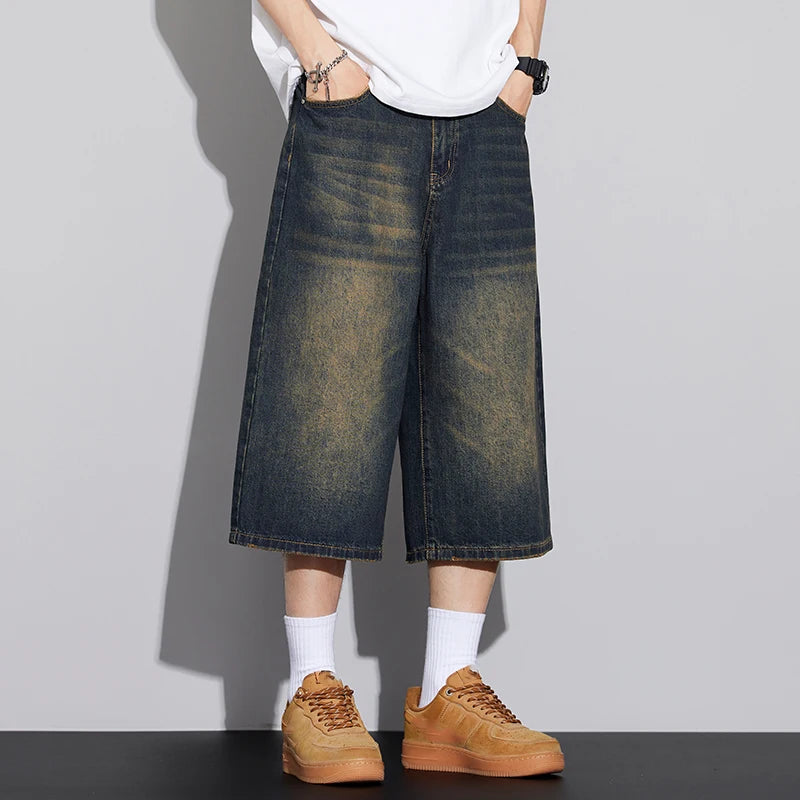 Men's Non-Elastic Denim Seven-Five Shorts Loose Wide Leg Fit Versatile Simple Style Casual Shorts