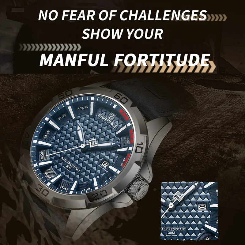 Men Fashion Quartz Watches, Male Leather Strap Sport Waterproof Wristwatches, Calendar Clock, Relogio Masculino, NAVIFORCE