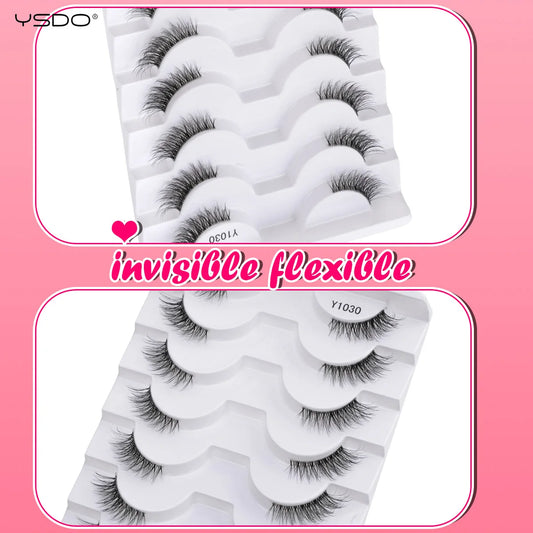 YSDO 5/10 Pairs Half Lashes Cat Eyelashes Soft Natural Clear Band False Lashes Natural Wispy Faux 3D Mink Eyelashes Makeup Tools