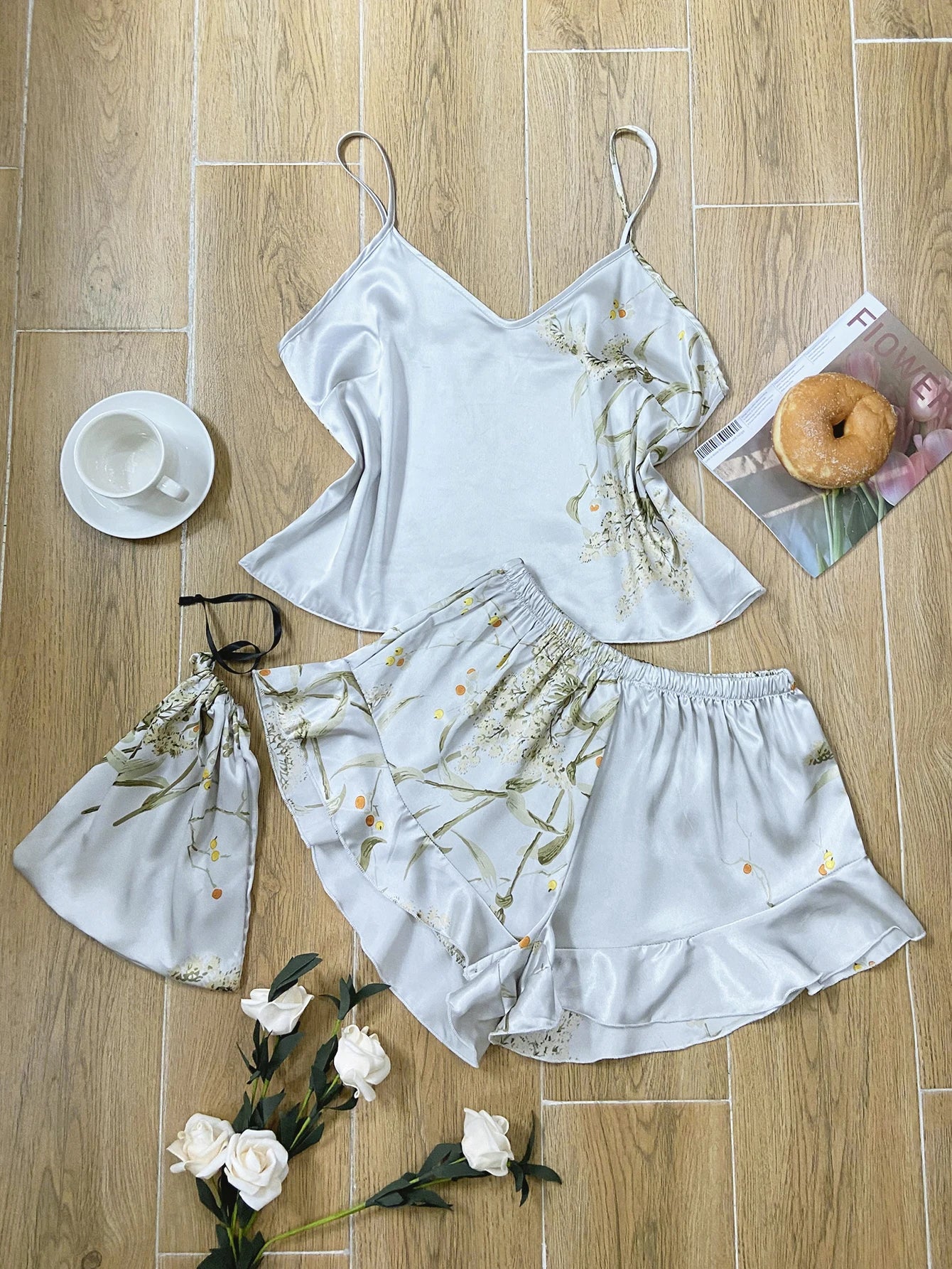 Elegant Floral Print Cami Tops Ruffle Hem Shorts Pajama Set, Women's Sleepwear, Loungewear