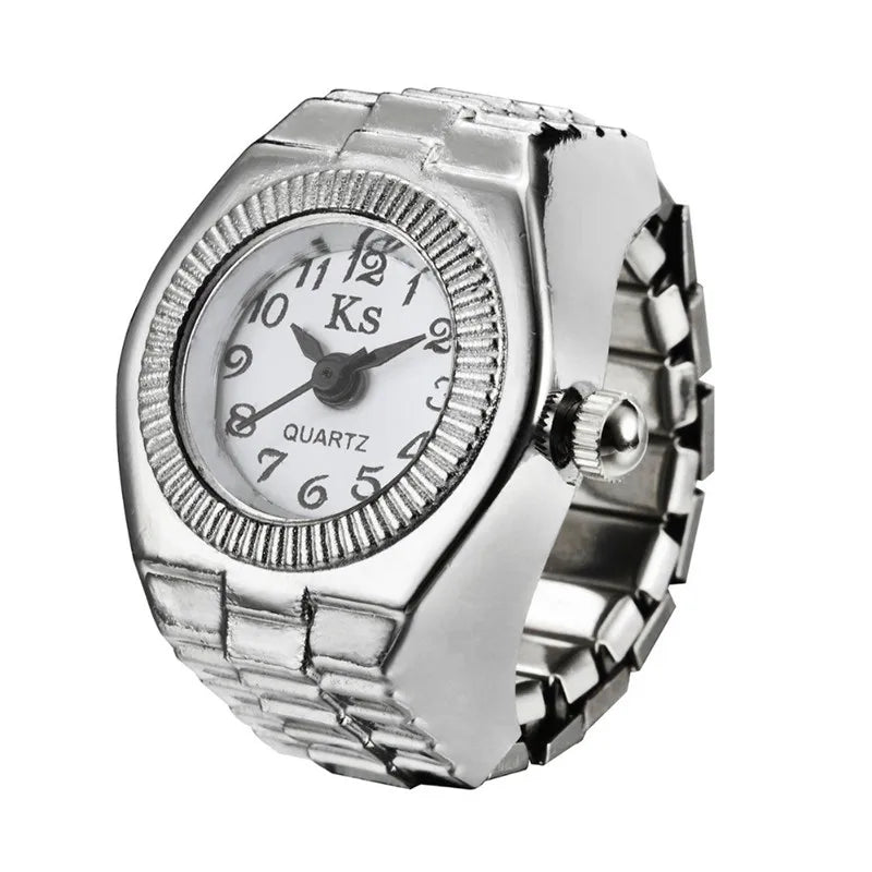 Vintage Punk Finger Watch, Mini Elastic Strap Alloy Watch, Couple Rings, Jewelry Clock, Retro Roman Quartz Watch Rings, For Women, For Men