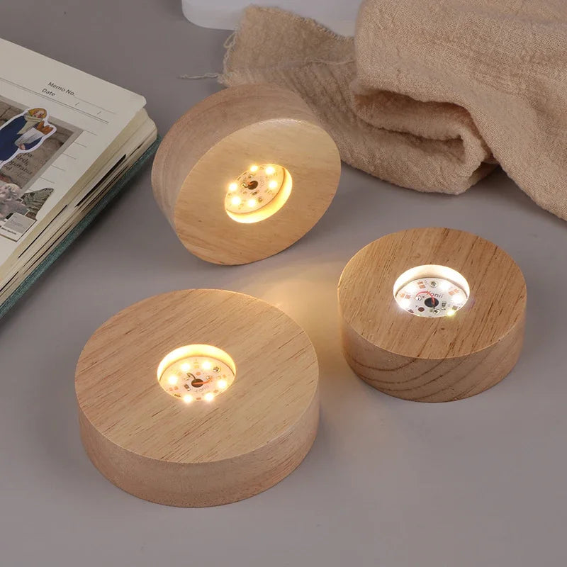 Battery Operated 8/10cm Round Wooden LED Light Dispaly Base Stand, Night Lamp Base, Crystal Glass Resin Art Ornaments