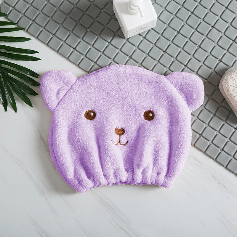 Dry Hair Cap for Women - Soft Absorbent Lightweight, Quick-Drying Thick Microfiber, Cute Bear Embroidery, Shower Head Towel
