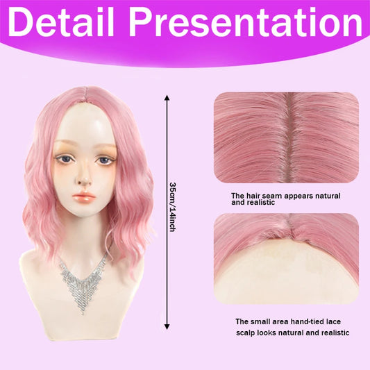 14Inch Pink Wig for Women Short Wavy Pastel Pink Wigs with Lace Shoulder Length Middle Part Curly Wavy Wig