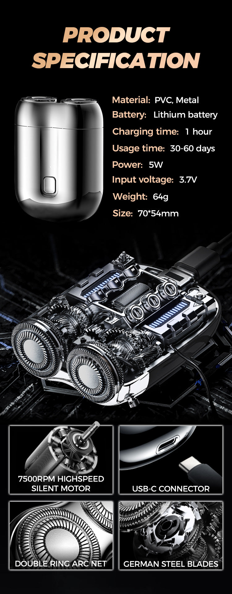 Mini Double Head Electric Shave Magnetic Suction Men's USB Rechargeable Portable Waterproof Shaver