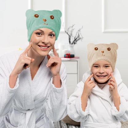 Dry Hair Cap for Women - Soft Absorbent Lightweight, Quick-Drying Thick Microfiber, Cute Bear Embroidery, Shower Head Towel