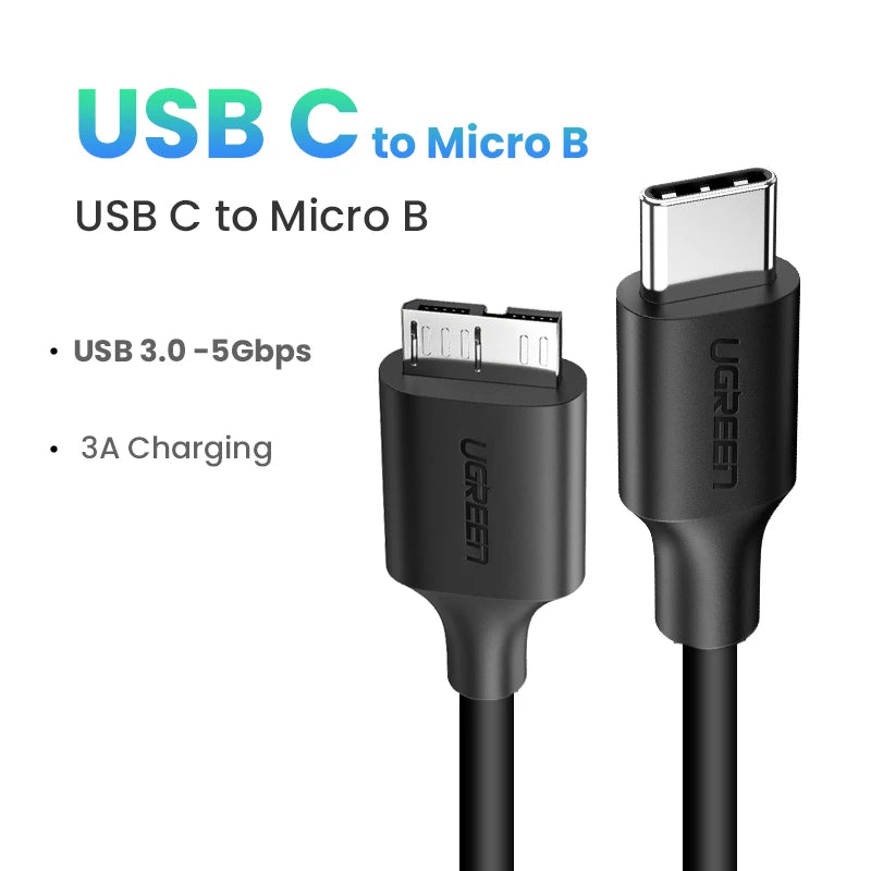 USB C to Micro B 3.0 Cable, 5Gbps 3A, Fast Data Sync Cord For Macbook Hard Drive Disk HDD, SSD Case USB Type C Micro B Cable ,UGREEN