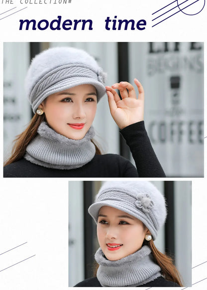 New Women Winter Hat, Keep Warm Cap, Add Fur Lined Hat & Scarf Warm Set, Fashion Hat For Women Casual Faux Fur Flower Knitted Hat