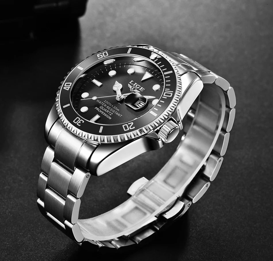 Luxury Fashion Diver Watch For Men, 30ATM Waterproof Date Clock, Sports Watch For Mens, Quartz Wristwatch, Relogio Masculino, LIGE Top Brand