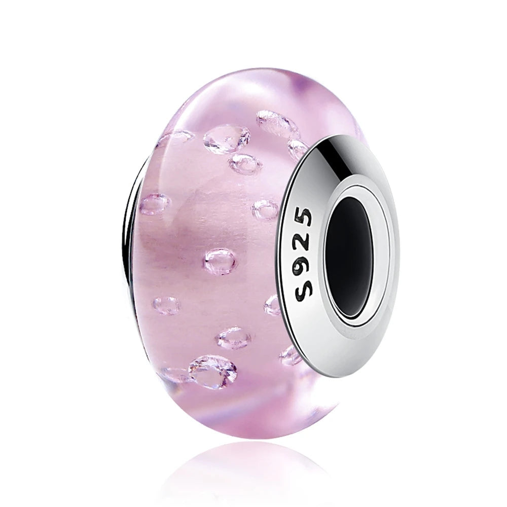 BAMOER 925 Sterling Silver Lovely Pink Flower European Murano Glass Charm Beads for DIY Charm Bracelets Christmas Gifts SCZ001