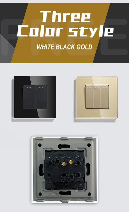 BSEED Mechanical Wall Light Switch Button Switch 1/2/3Gang 1Way Crystal Glass Panel Power Switch Switch On Off 250V White Black