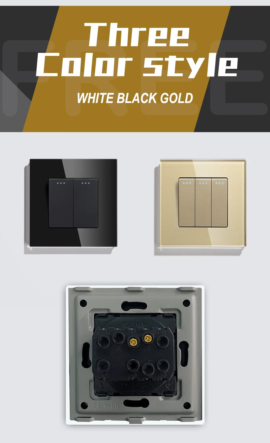 BSEED Mechanical Wall Light Push Switch 1/2Gang 1Way Automatic Rebound Switches Button With Glass Frame 250V