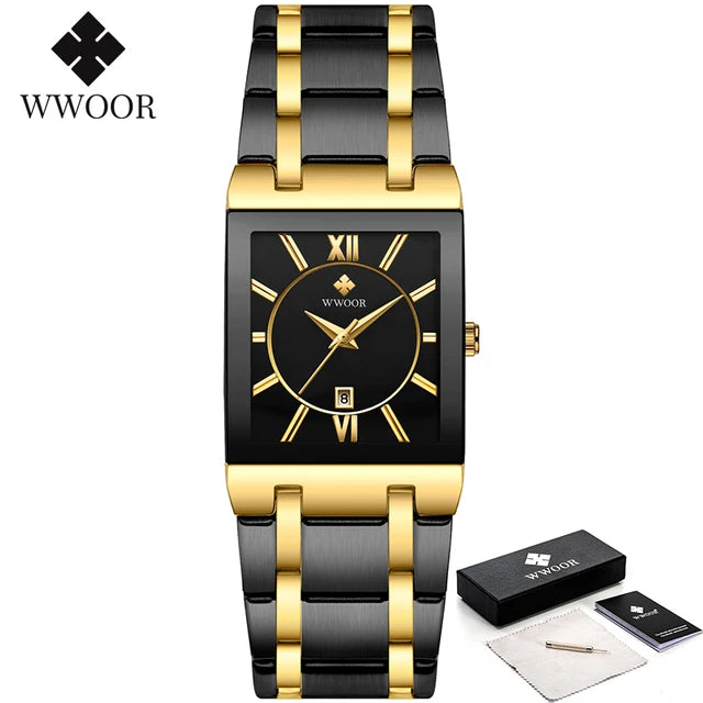 New Fashion Watches For Men, WWOOR Luxury Square Blue Men's Wristwatch, Stainless Steel Waterproof Quartz Clock, Male, Relogio Masculino