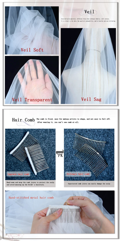 TOPQUEEN V30 Classic Bridal Wedding Veils Plain Yarn 1 Tier Soft Wedding Long Veil with Comb Wedding Dress Accessories Black Red