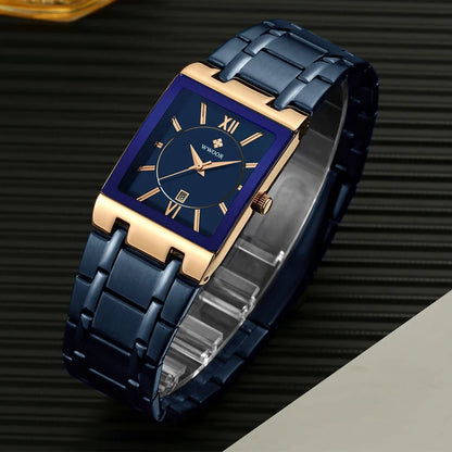 New Fashion Watches For Men, WWOOR Luxury Square Blue Men's Wristwatch, Stainless Steel Waterproof Quartz Clock, Male, Relogio Masculino
