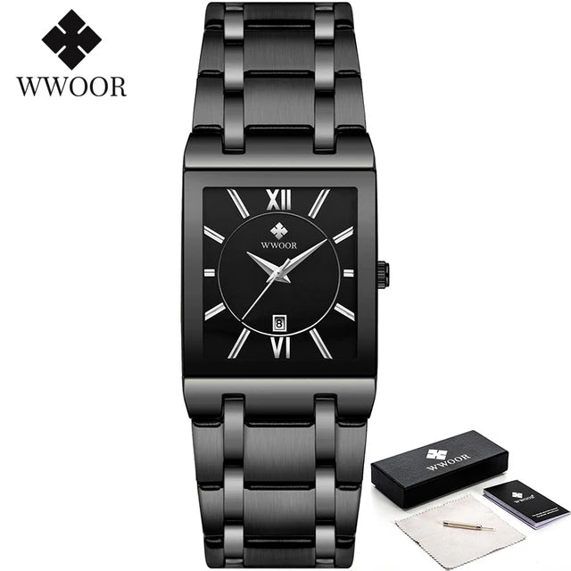 New Fashion Watches For Men, WWOOR Luxury Square Blue Men's Wristwatch, Stainless Steel Waterproof Quartz Clock, Male, Relogio Masculino