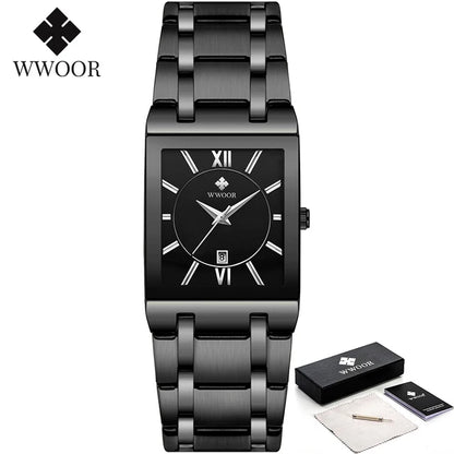 New Fashion Watches For Men, WWOOR Luxury Square Blue Men's Wristwatch, Stainless Steel Waterproof Quartz Clock, Male, Relogio Masculino