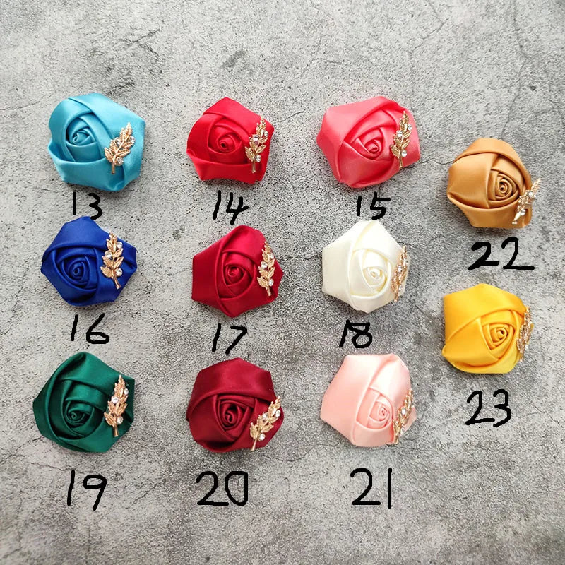 Groom Boutonniere Lapel Pins, Wedding Corsage Suit Buttonhole Silk Roses Gold Leaves Men Women Brooch Flowers, Mariage Accessories
