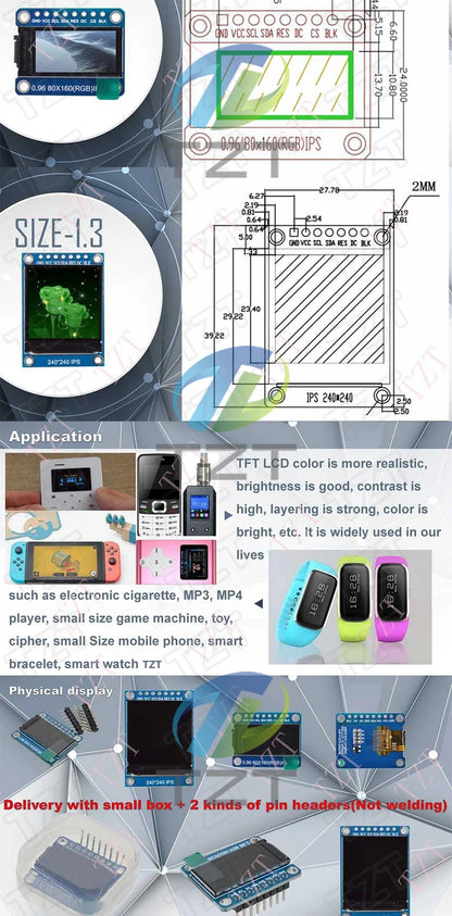 TFT Display, 0.96/1.3/1.44/1.8/2.4/2.8/3.5 Inch TFT Full Color Screen LCD Module, ST7735 ILI9341 Driver Interface SPI for Arduino