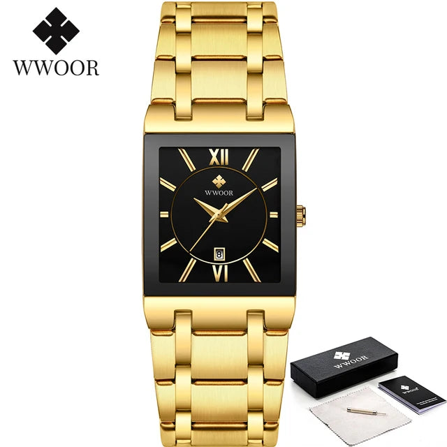 New Fashion Watches For Men, WWOOR Luxury Square Blue Men's Wristwatch, Stainless Steel Waterproof Quartz Clock, Male, Relogio Masculino
