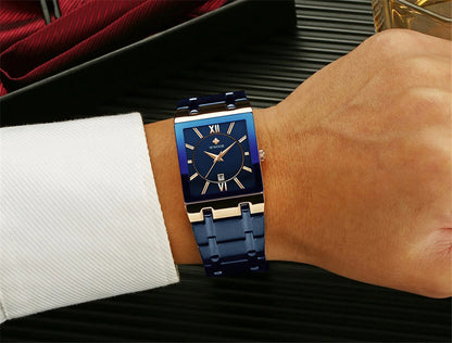 New Fashion Watches For Men, WWOOR Luxury Square Blue Men's Wristwatch, Stainless Steel Waterproof Quartz Clock, Male, Relogio Masculino