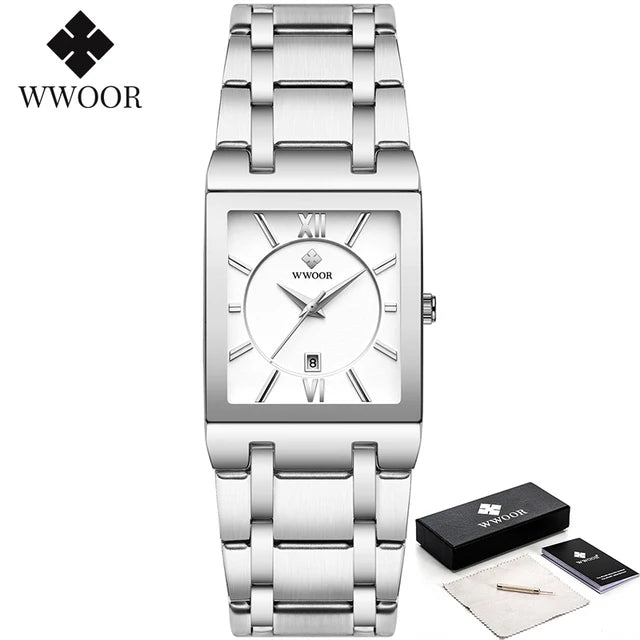 New Fashion Watches For Men, WWOOR Luxury Square Blue Men's Wristwatch, Stainless Steel Waterproof Quartz Clock, Male, Relogio Masculino