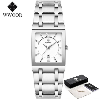 New Fashion Watches For Men, WWOOR Luxury Square Blue Men's Wristwatch, Stainless Steel Waterproof Quartz Clock, Male, Relogio Masculino
