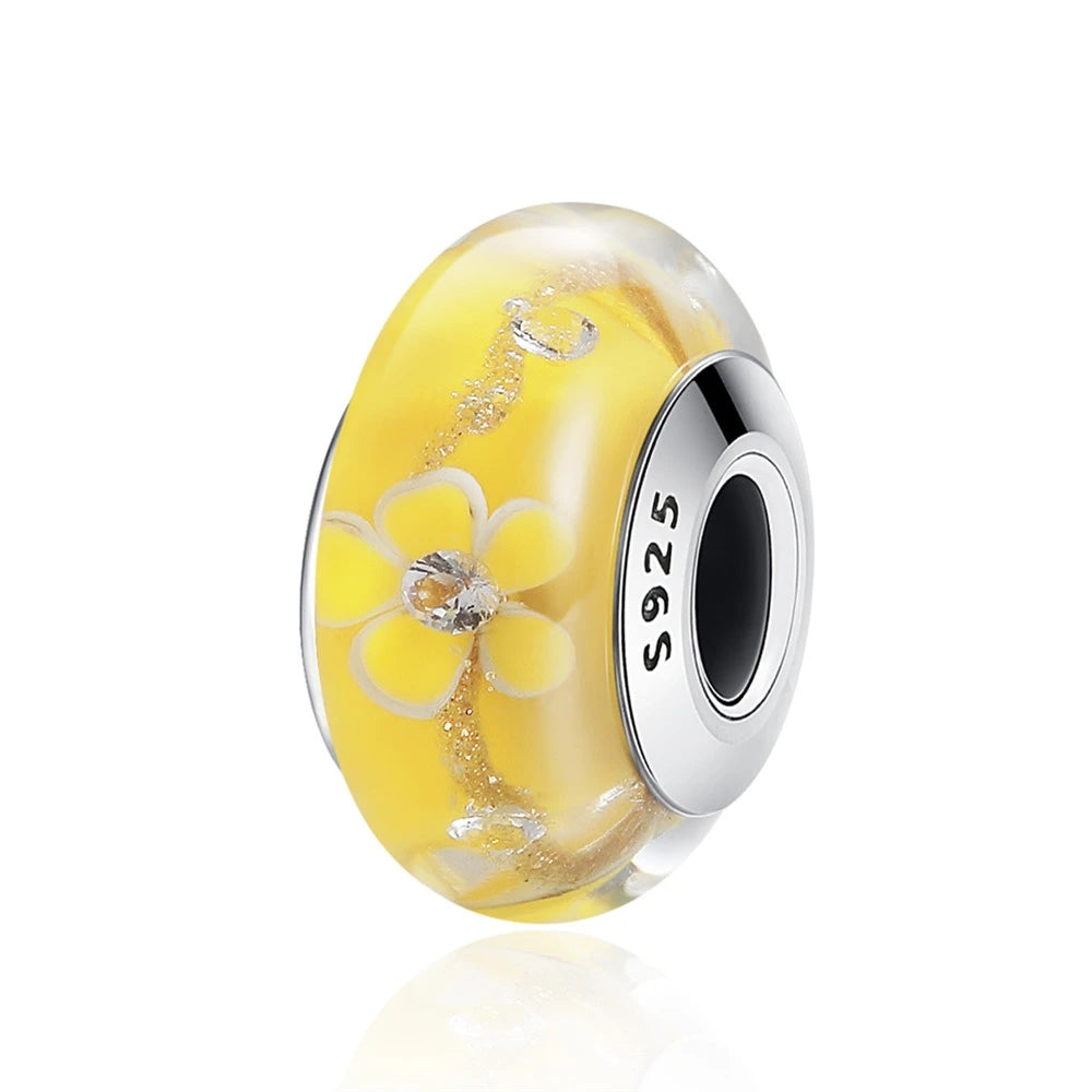 BAMOER 925 Sterling Silver Lovely Pink Flower European Murano Glass Charm Beads for DIY Charm Bracelets Christmas Gifts SCZ001