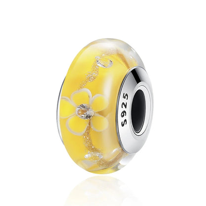 BAMOER 925 Sterling Silver Lovely Pink Flower European Murano Glass Charm Beads for DIY Charm Bracelets Christmas Gifts SCZ001