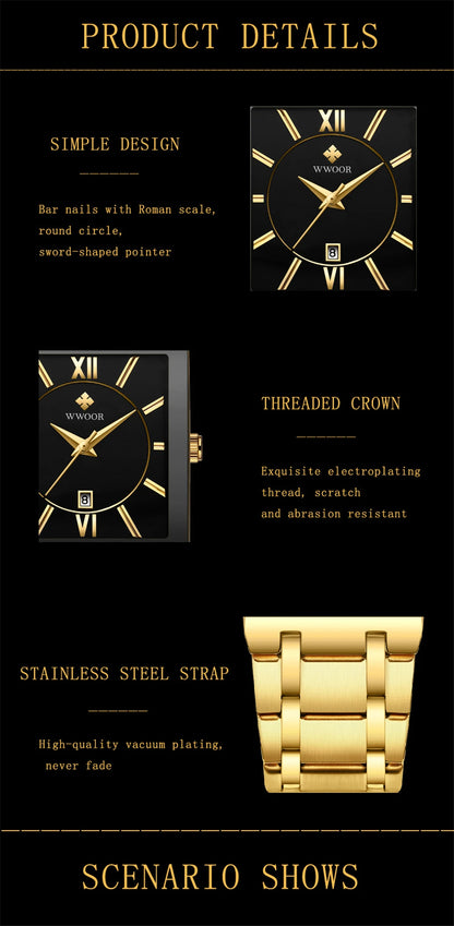 New Fashion Watches For Men, WWOOR Luxury Square Blue Men's Wristwatch, Stainless Steel Waterproof Quartz Clock, Male, Relogio Masculino