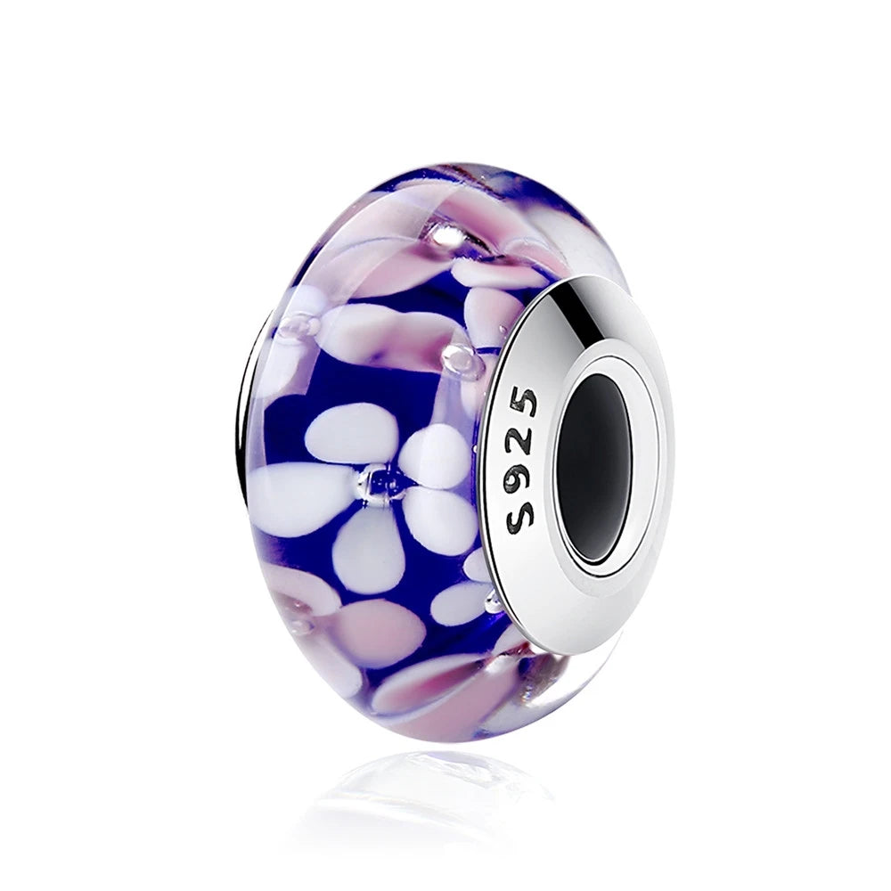 BAMOER 925 Sterling Silver Lovely Pink Flower European Murano Glass Charm Beads for DIY Charm Bracelets Christmas Gifts SCZ001