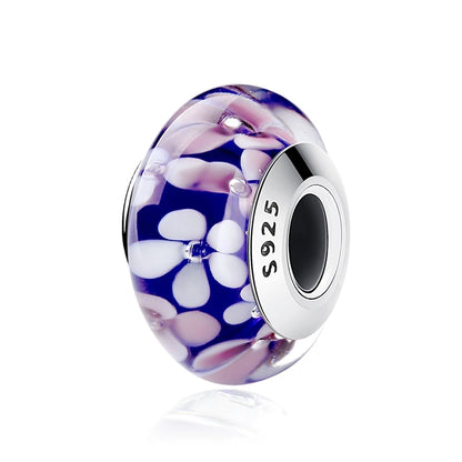 BAMOER 925 Sterling Silver Lovely Pink Flower European Murano Glass Charm Beads for DIY Charm Bracelets Christmas Gifts SCZ001