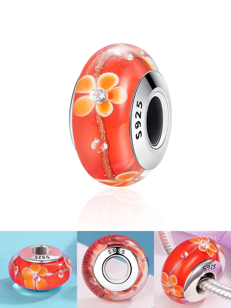 BAMOER 925 Sterling Silver Lovely Pink Flower European Murano Glass Charm Beads for DIY Charm Bracelets Christmas Gifts SCZ001
