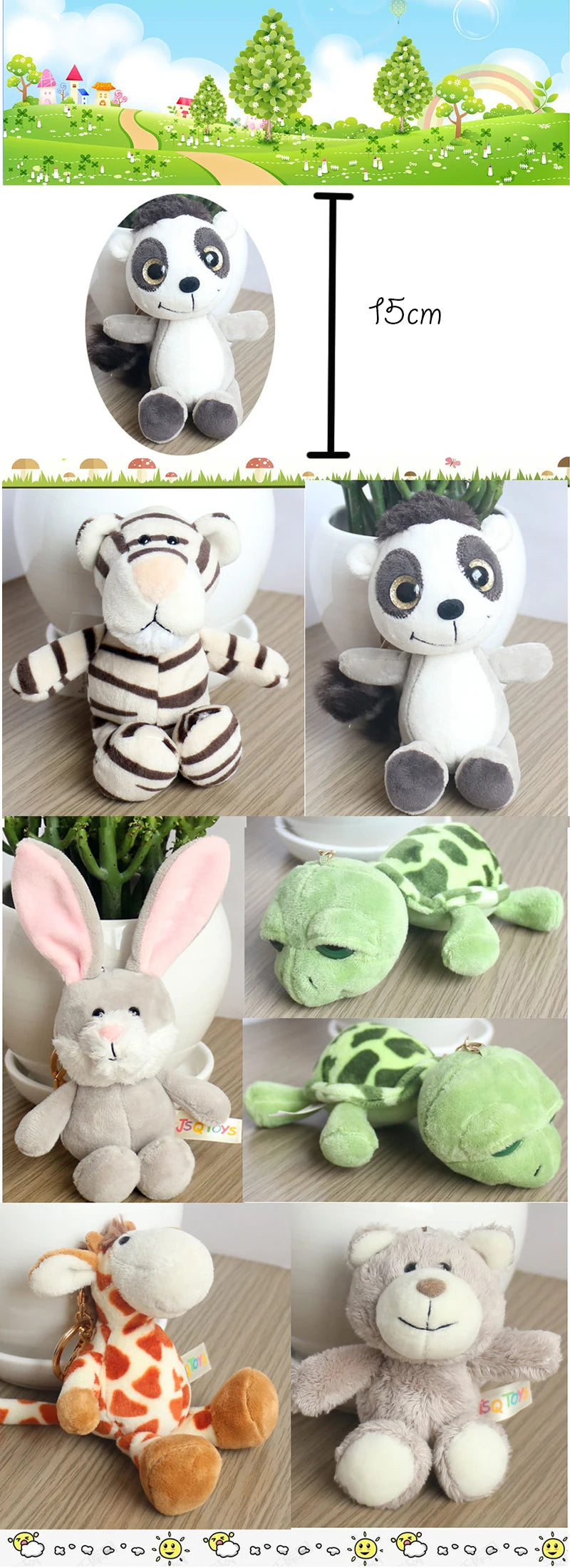 Cute Cartoon Animal Plush Keychain 15cm Turtle Elephant Tiger Lion Hippo Raccoon Bulldog Cat Penguin Monkey Plush Toy