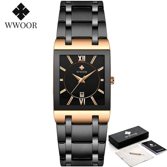 New Fashion Watches For Men, WWOOR Luxury Square Blue Men's Wristwatch, Stainless Steel Waterproof Quartz Clock, Male, Relogio Masculino