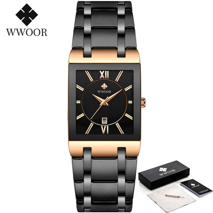 New Fashion Watches For Men, WWOOR Luxury Square Blue Men's Wristwatch, Stainless Steel Waterproof Quartz Clock, Male, Relogio Masculino
