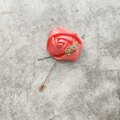 Groom Boutonniere Lapel Pins, Wedding Corsage Suit Buttonhole Silk Roses Gold Leaves Men Women Brooch Flowers, Mariage Accessories