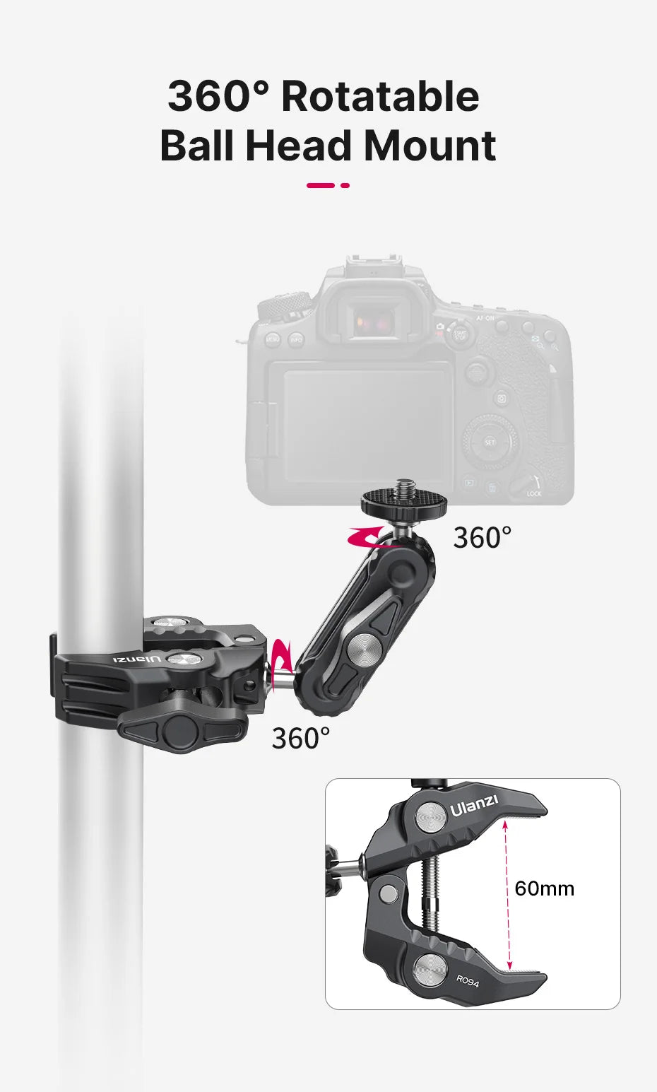 Metal Super Clamp with Double Ball Head, Magic Arm Clamp with 1/4" 3/8" Hole for DSLR Camera Monitor Light Mic Mount, Ulanzi R094