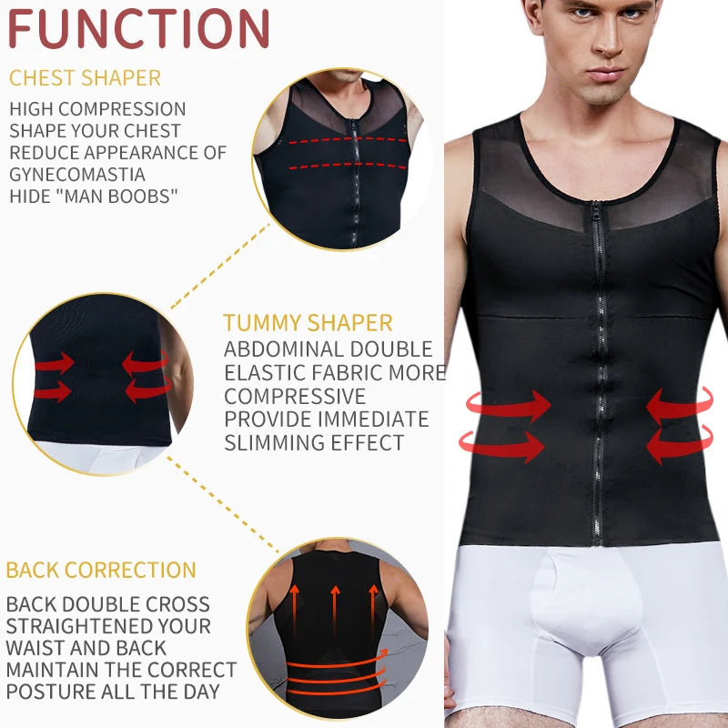Men's Body Shaper, Abdomen Slimming Shapewear, Belly Shaping Corset, Top Gynecomastia Compression Shirts WIth Zipper Waist Trainer