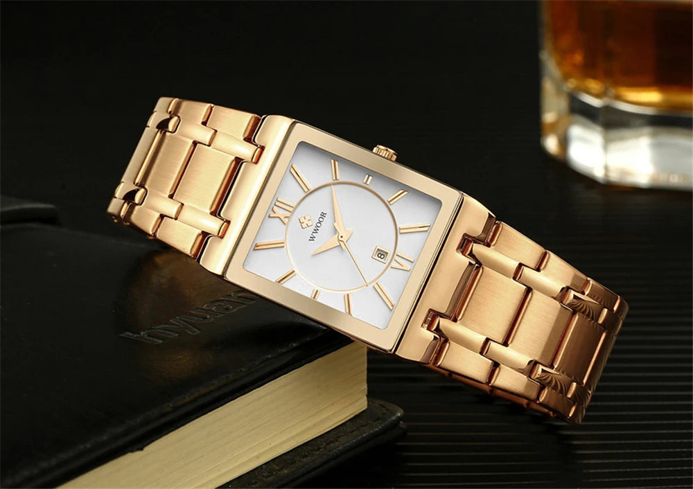 New Fashion Watches For Men, WWOOR Luxury Square Blue Men's Wristwatch, Stainless Steel Waterproof Quartz Clock, Male, Relogio Masculino