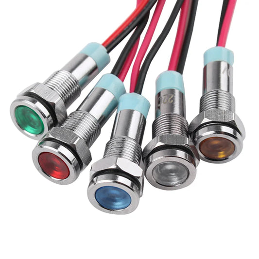 1pcs 6mm Flat Head LED Metal Indicator Light, 6mm Waterproof Signal Lamp 6V 12V 24V 220V with Wire, Red Yellow Blue Green White