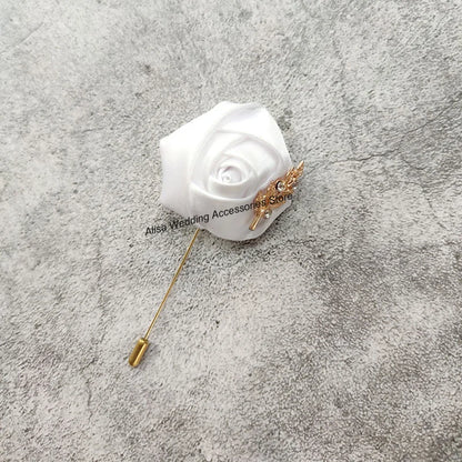 Groom Boutonniere Lapel Pins, Wedding Corsage Suit Buttonhole Silk Roses Gold Leaves Men Women Brooch Flowers, Mariage Accessories