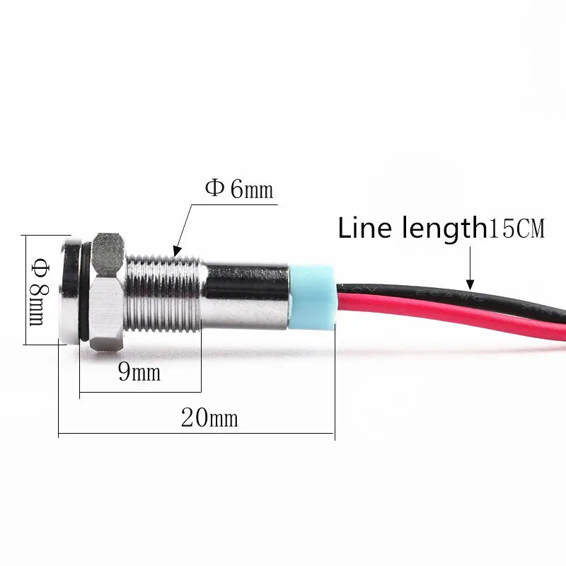 1pcs 6mm Flat Head LED Metal Indicator Light, 6mm Waterproof Signal Lamp 6V 12V 24V 220V with Wire, Red Yellow Blue Green White