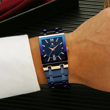 New Fashion Watches For Men, WWOOR Luxury Square Blue Men's Wristwatch, Stainless Steel Waterproof Quartz Clock, Male, Relogio Masculino