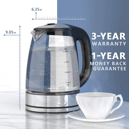 2Liter, Electric Glass Kettle, 2200W Fast Boil Temp Control Keep Warm 4H Auto Shut-Off Boil-Dry Protection for Coffee & Tea, DEVISIB