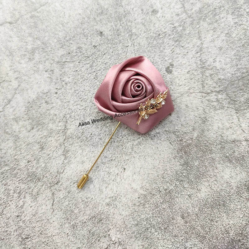 Groom Boutonniere Lapel Pins, Wedding Corsage Suit Buttonhole Silk Roses Gold Leaves Men Women Brooch Flowers, Mariage Accessories