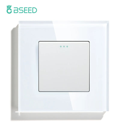 Bseed EU Standard Mechanical Reset Switch 1/2/3Gang 1Way Push Button Switches With Crystal Glass Panel White Black 250V