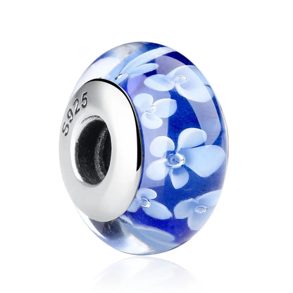 BAMOER 925 Sterling Silver Lovely Pink Flower European Murano Glass Charm Beads for DIY Charm Bracelets Christmas Gifts SCZ001