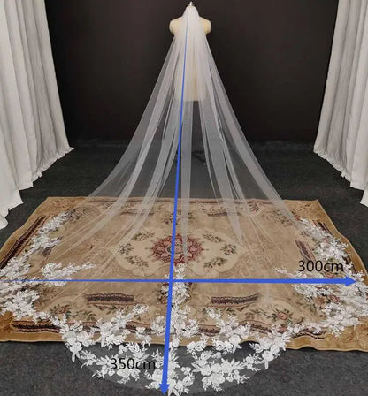 Customized High Quality Vintage Wedding Veil, 3.5M Long Special Cut Royal Bridal Veil with Comb, Bling Sequins Lace Veil